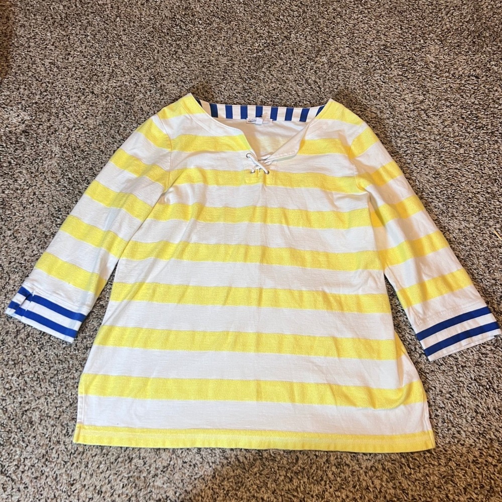 Talbots Hello Saturday Yellow White Striped Lace Up V-Neck Cotton Top Large
